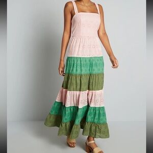 Hutch UK‎ Size 4 Tiered Maxi Dress – Pink & Green Eyelet Sundress